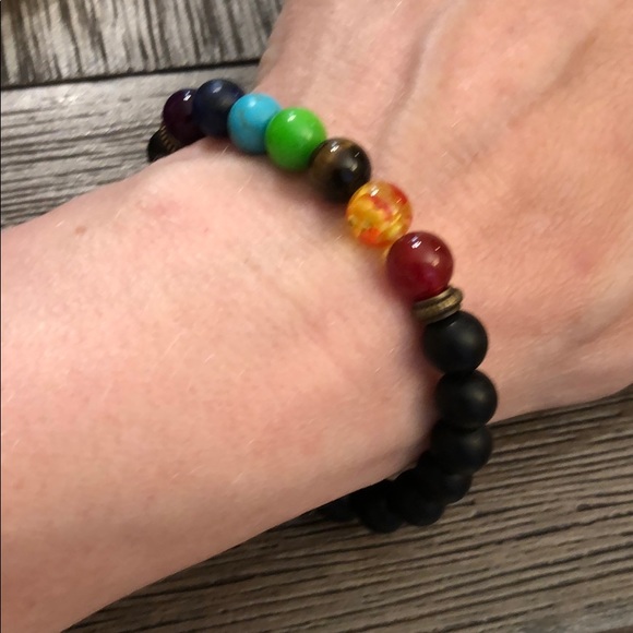 Chakra & Black Bead Rainbow Stretch Bracelet - Picture 4 of 8